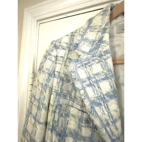 TAHARI Blue White Gold Open-Front Tweed Preppy Blazer Jacket Old Money - Sz 4 - Picture 2 of 5